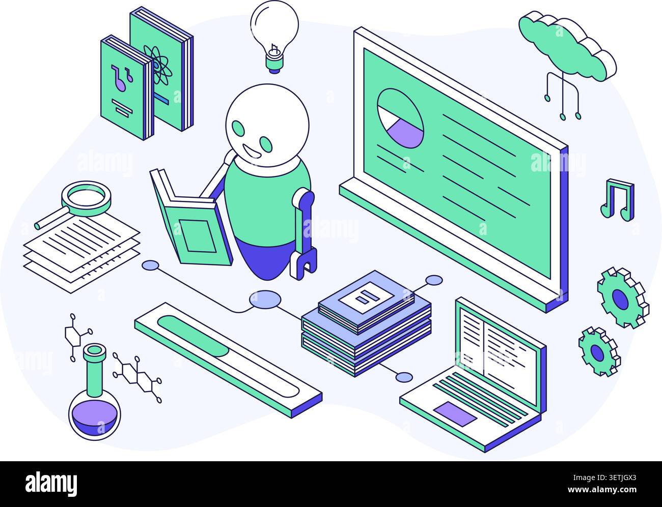 Isometric line machine learning concept. Little robot android reading book, study different information for correct work. Ai technologies, digital Stock Vector