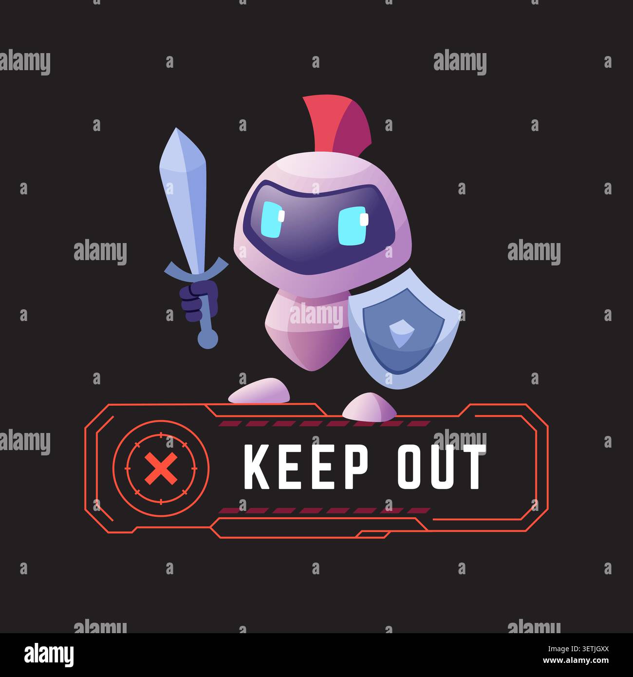 Cyber Guardian. Vector robot knight with sword and shield standing above keep out sign for cybersecurity protection concept Stock Vector