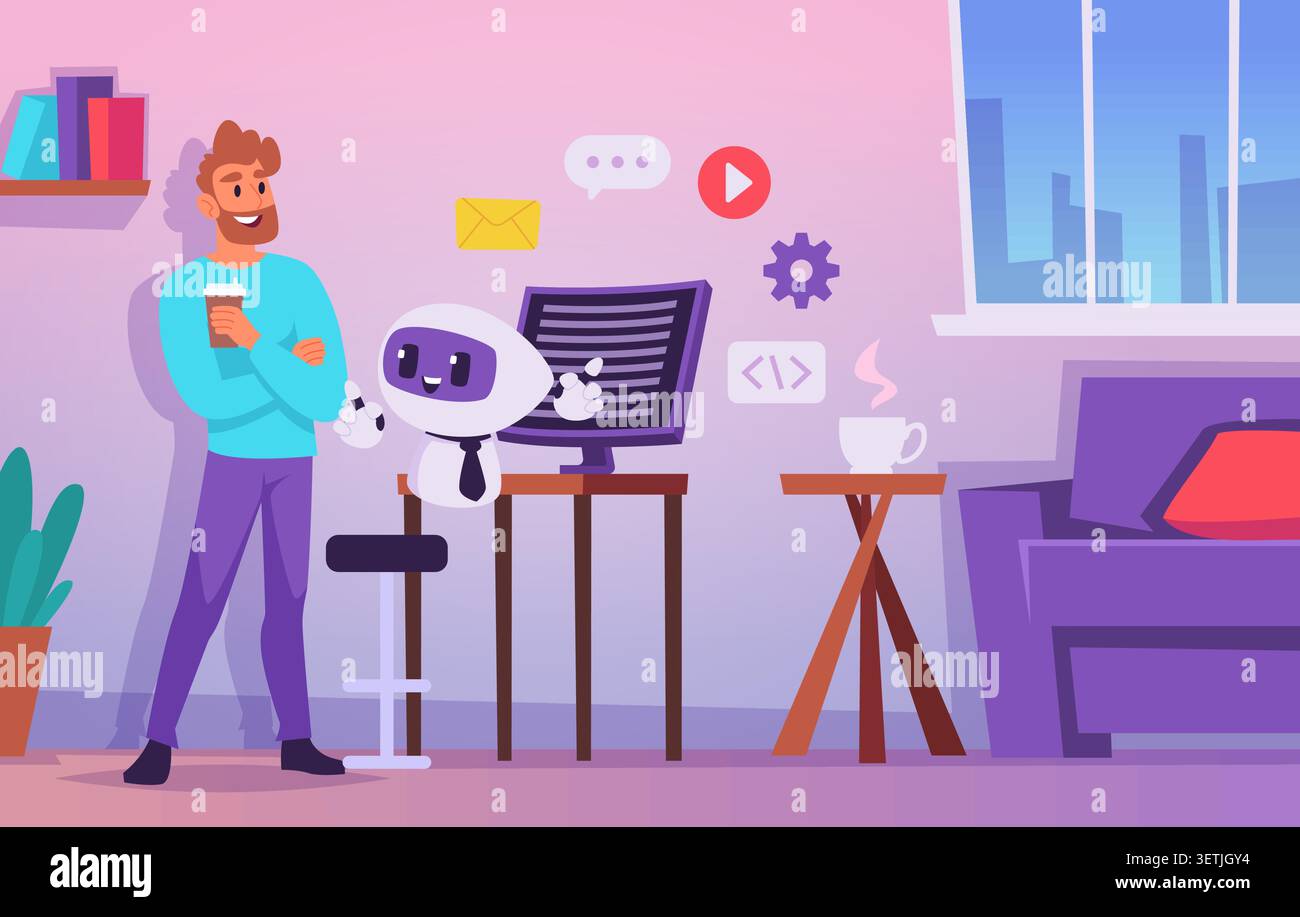 Chatbot Background. Modern vector ai assistant scene with robot messaging interface and mobile support chat exact artwork Stock Vector