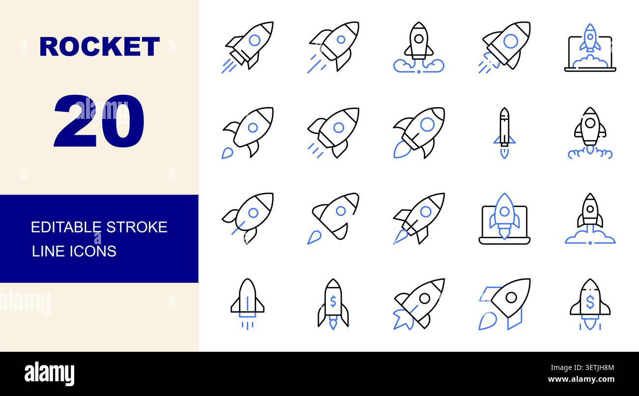 Rocket Launch, Startup Growth and Space Exploration Line Icons Set Editable Stroke Vector Illustration Stock Vector