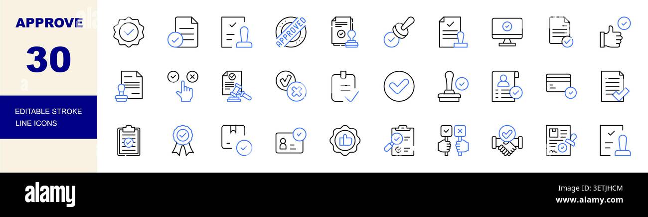 Approve, Verification and Approval Process Line Icons Set Editable Stroke Vector Illustration Stock Vector