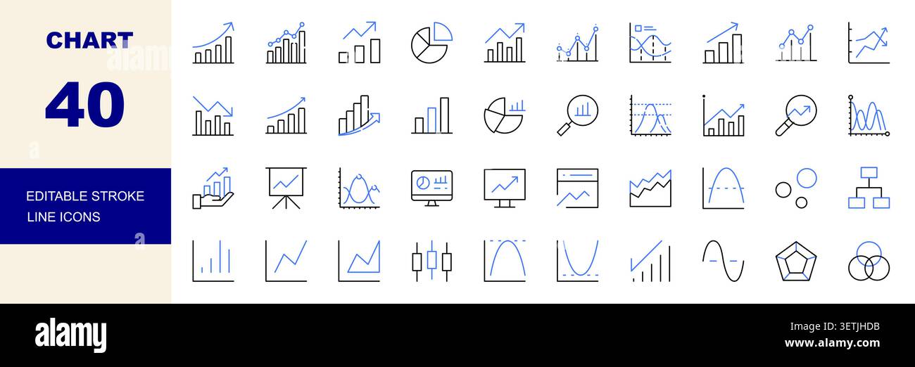 Charts, Data Analytics and Financial Graph Line Icons Set Editable Stroke Vector Illustration Stock Vector
