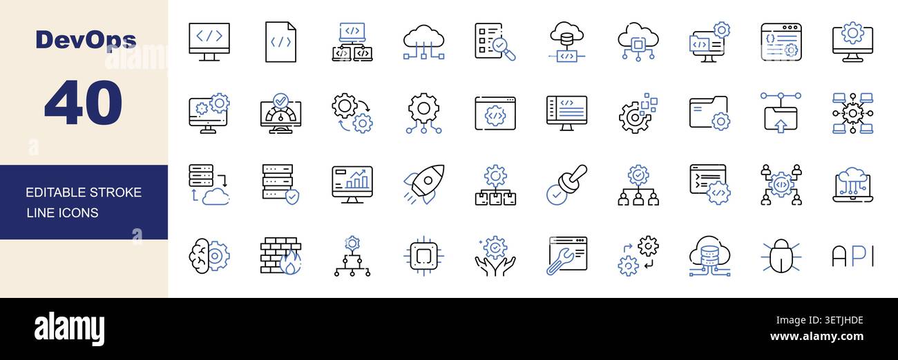 DevOps, Software Development, Cloud Computing and System Administration Line Icons Set Editable Stroke Vector Illustration Stock Vector