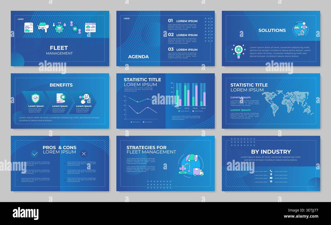 Fleet optimization systems presentation template set Stock Vector