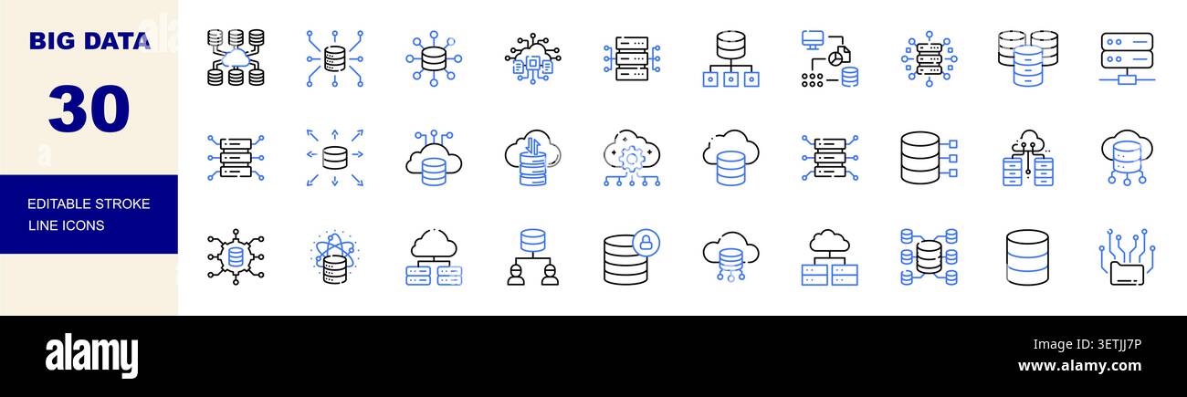 Big Data, Database and Cloud Computing Line Icons Set Editable Stroke Vector Illustration Stock Vector