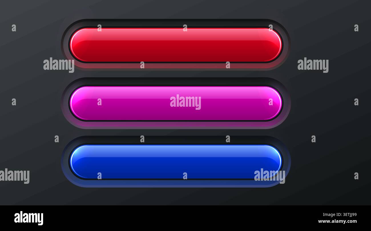Glossy rounded buttons set on dark background. UI element for website or application design. Vector illustration Stock Vector