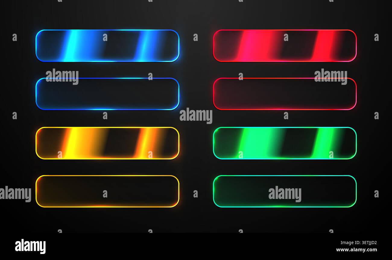 Neon glowing ui buttons and glossy frames set for modern web interface design. Vector illustration Stock Vector