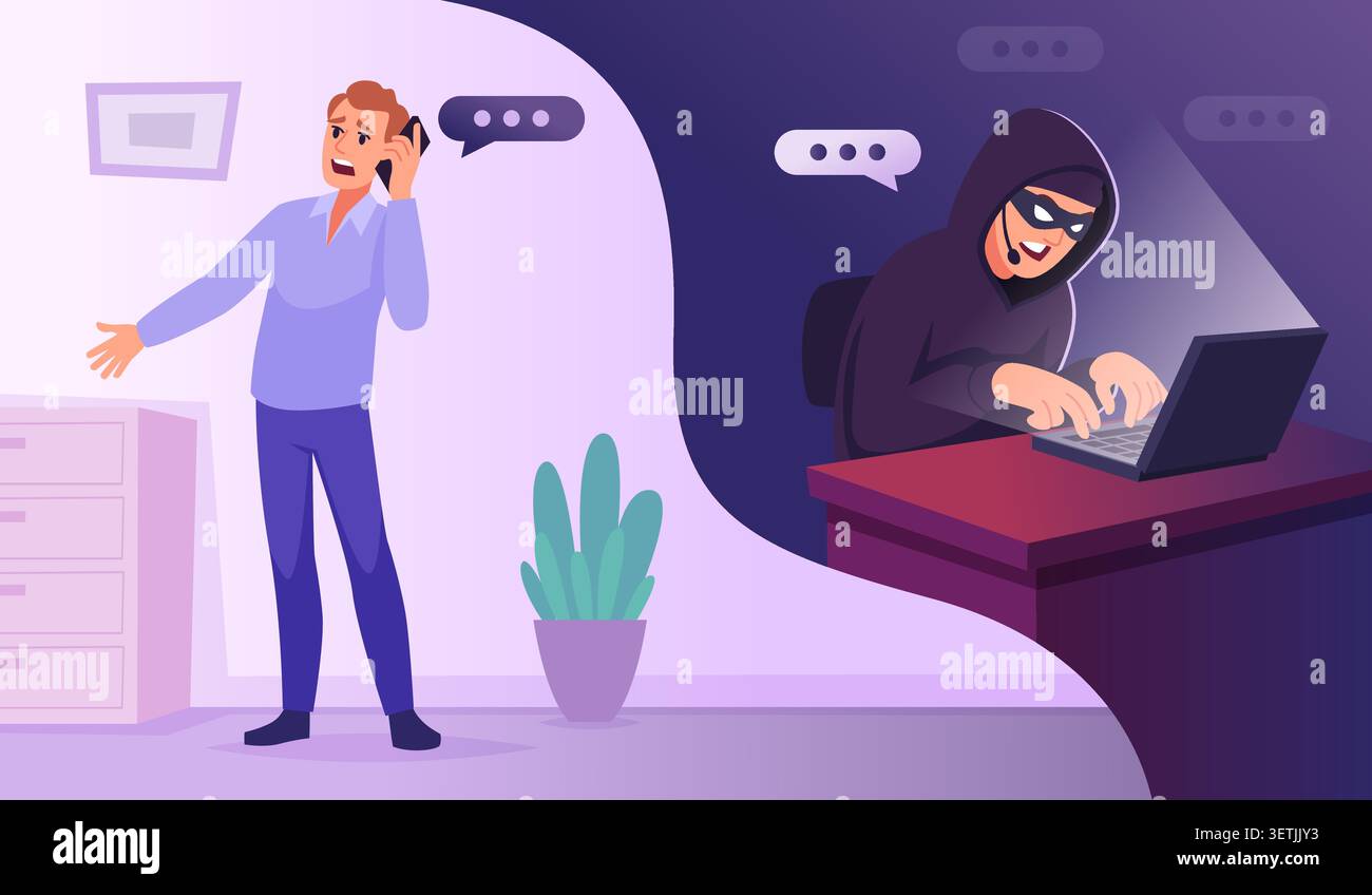 Security Background. Digital vector cyber attack scene with hacker alert screen and mobile protection interface exact artwork Stock Vector