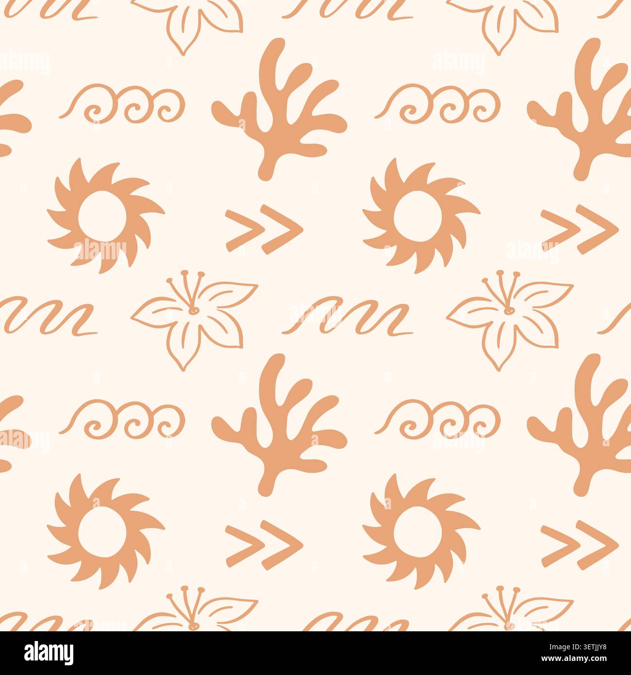Boho suns, coral, waves vector seamless pattern Stock Vector