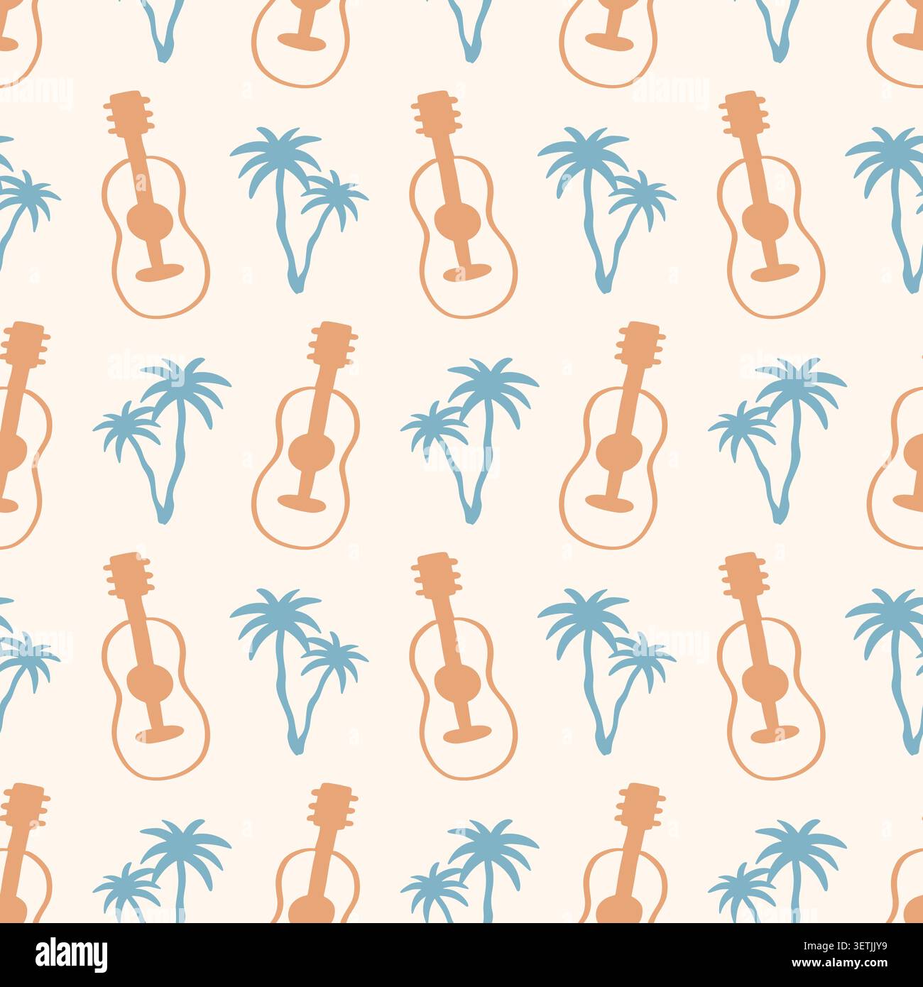 Boho seamless pattern with guitars and palm trees Stock Vector