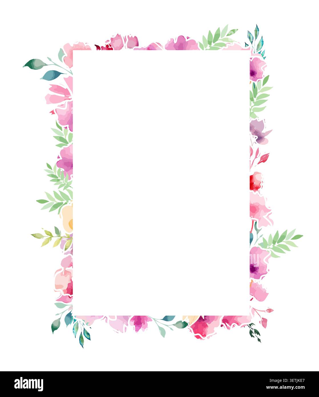 Rectangular frame postcard with watercolor flowers . Hand drawn. Not AI, vector illustration. Stock Vector