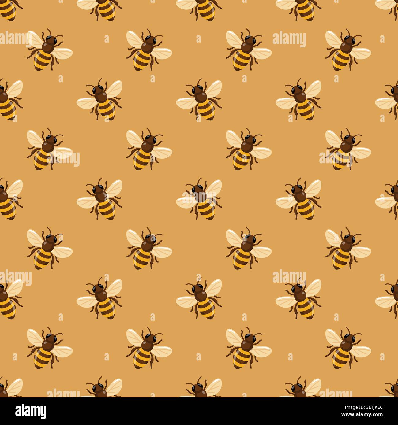 Seamless bee pattern on warm honey background. Cartoon vector print.  Stock Vector