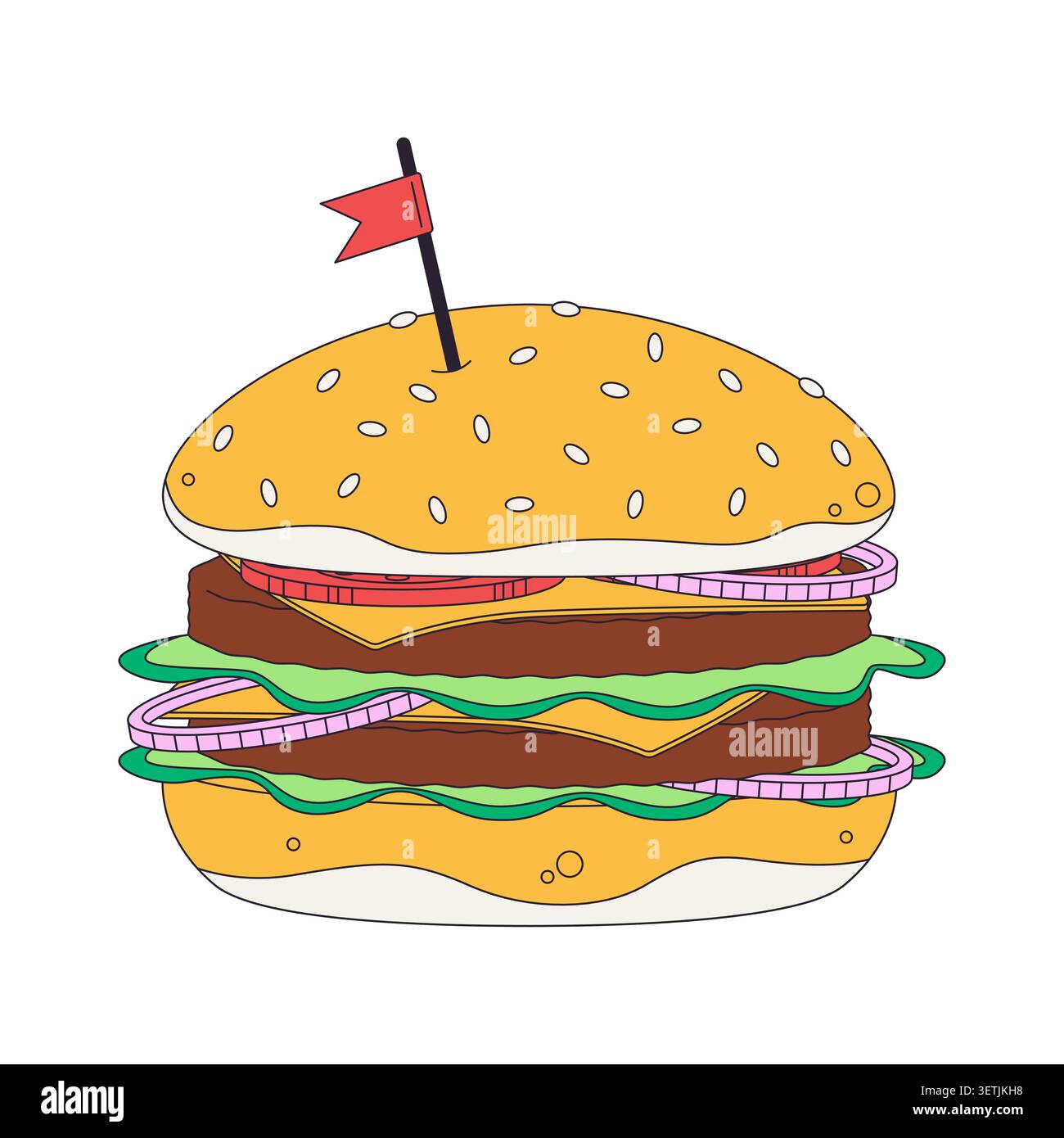 Double cheeseburger topped with small flag 2D cartoon object Stock Vector
