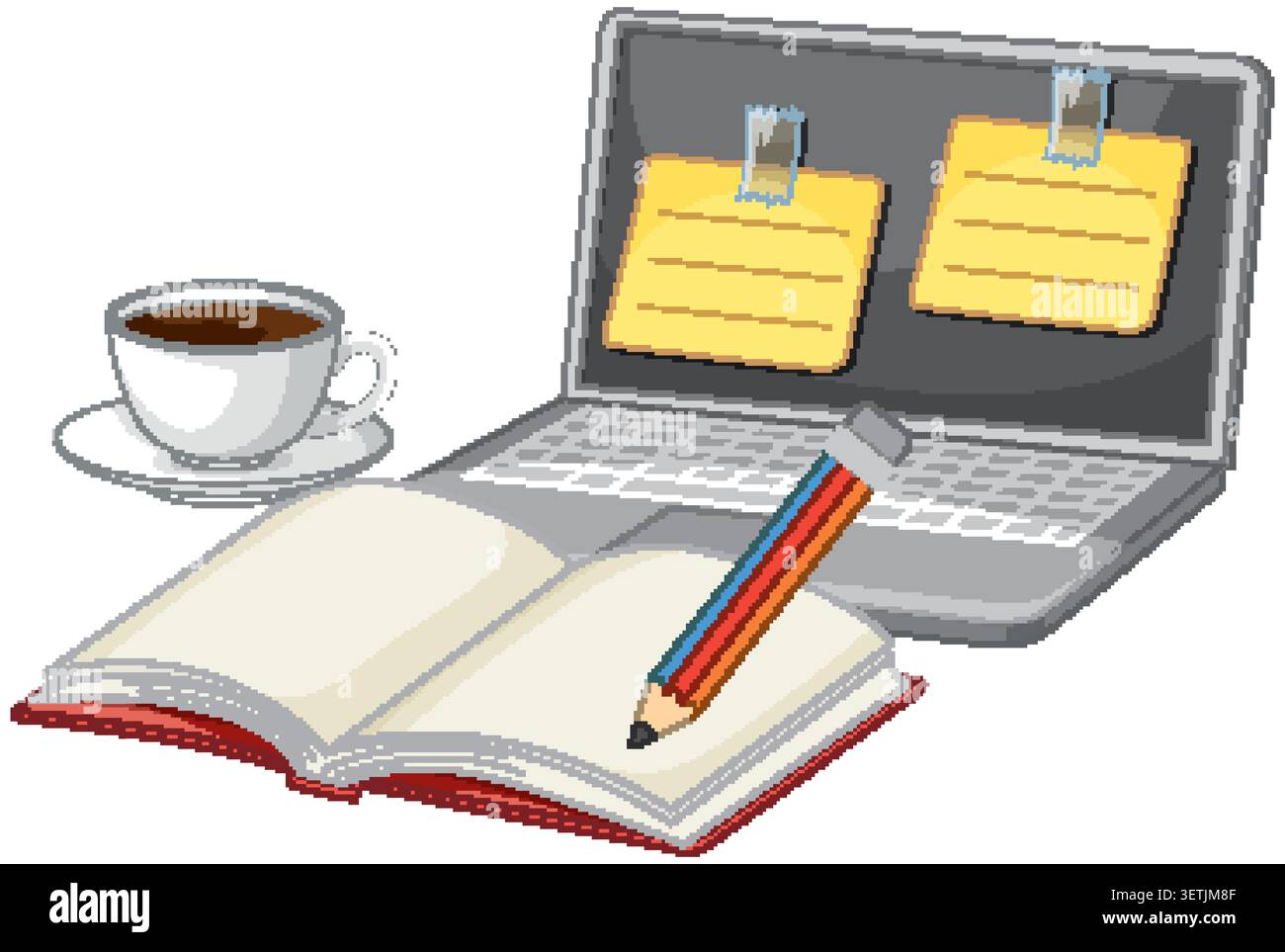 Vector illustration of a laptop, open notebook, pencil, and coffee cup on white background Stock Vector