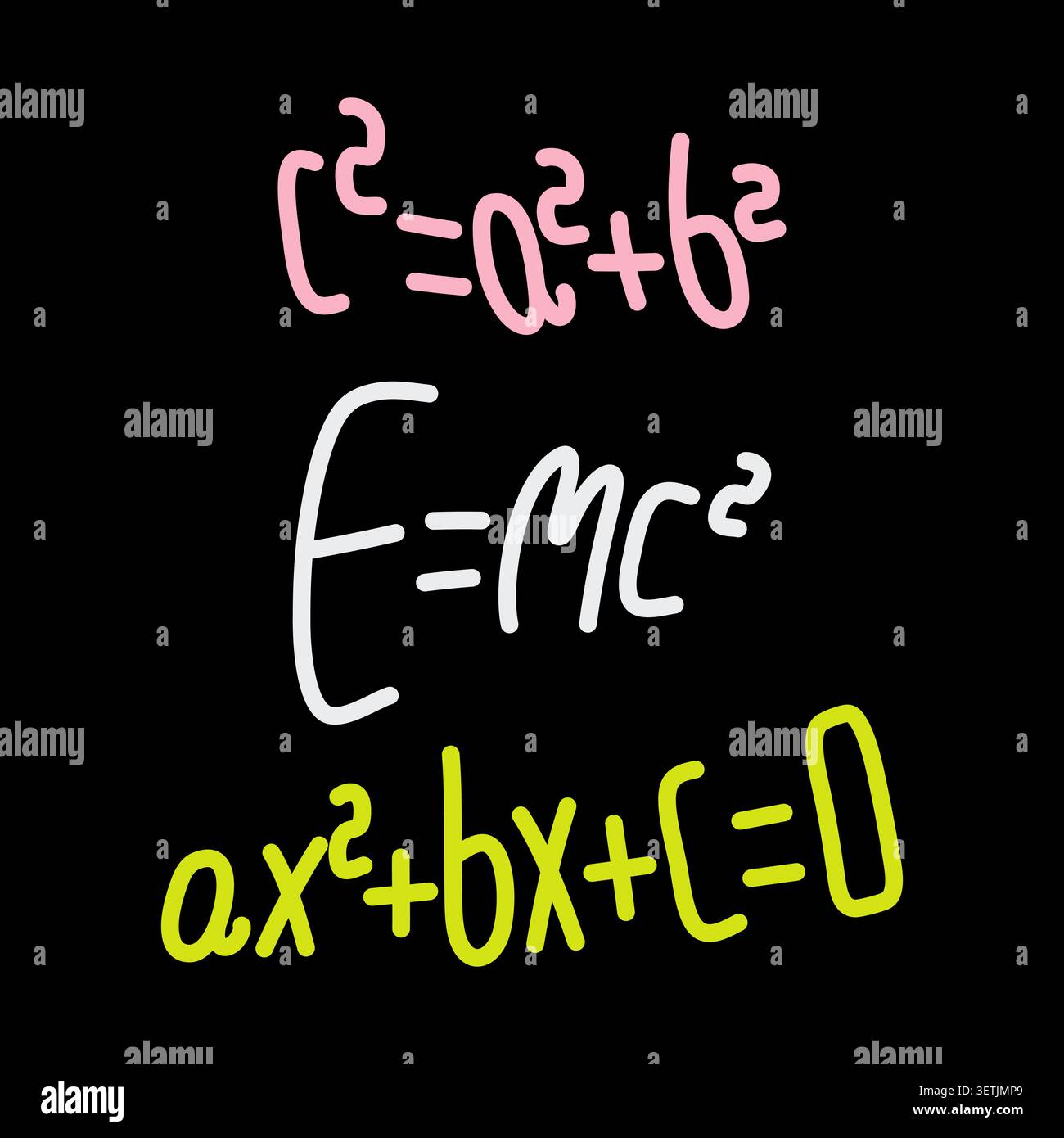 Handwritten math formulas and physics equations on black background. Neon style vector illustration with relativity theory, quadratic function Stock Vector