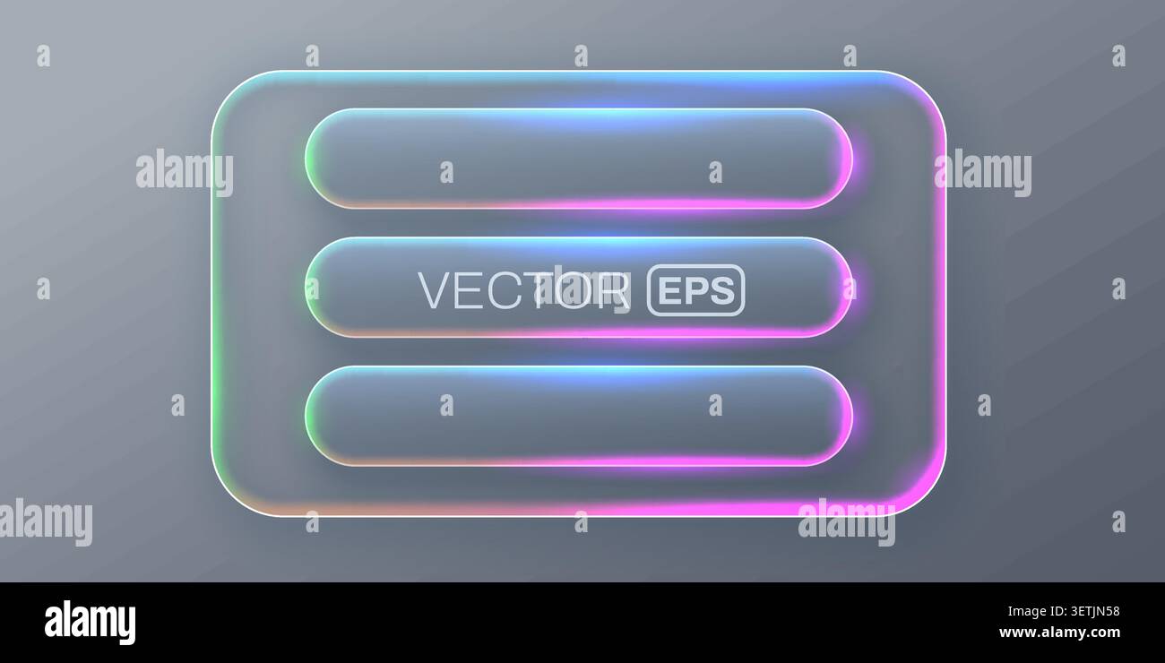 Glassmorphism UI elements with neon light frames for modern interface design. Vector illustration Stock Vector
