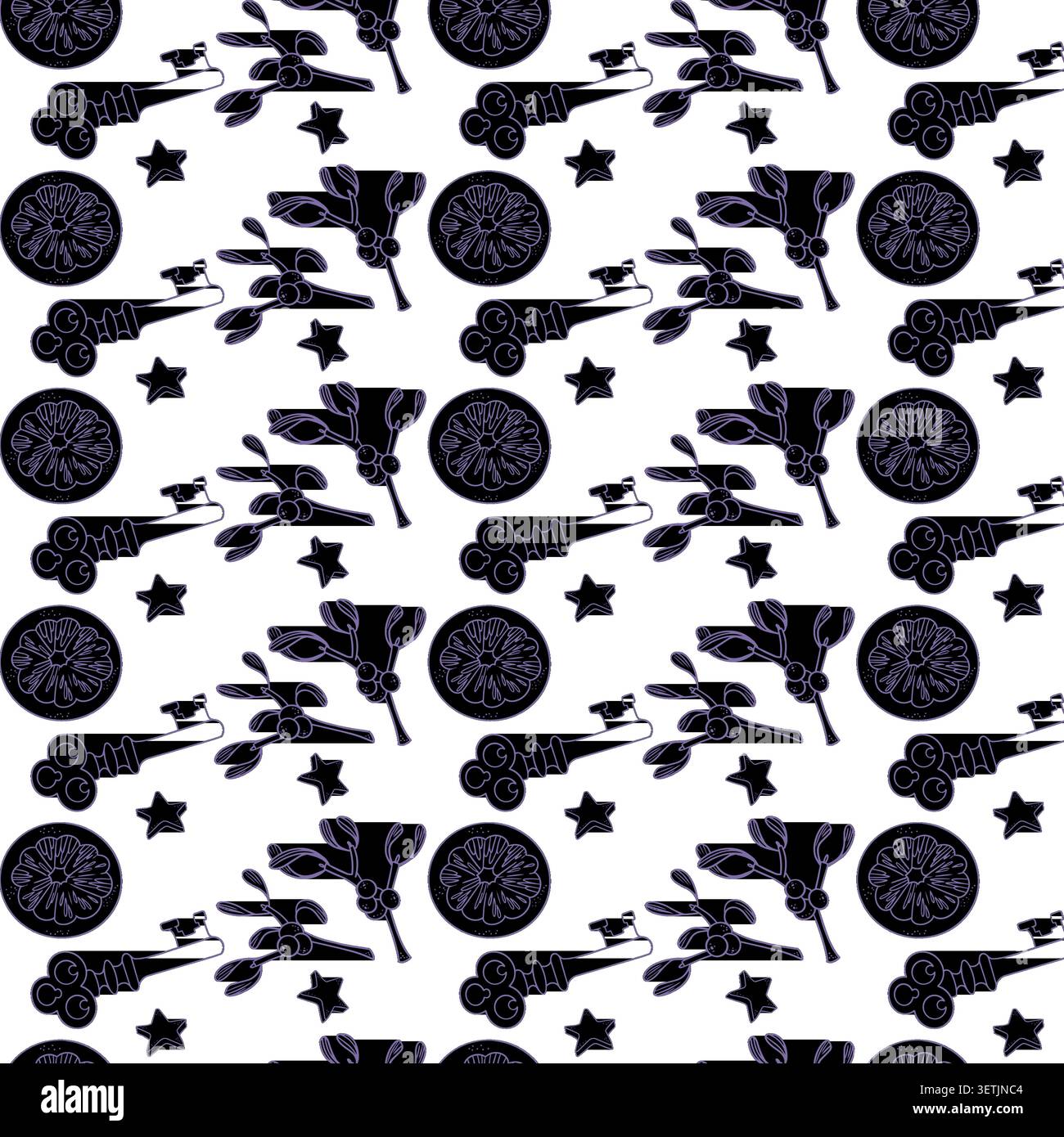 Christmas seamless pattern with vintage key and mistletoe branches on white background. Line art vector illustration of winter holiday elements Stock Vector