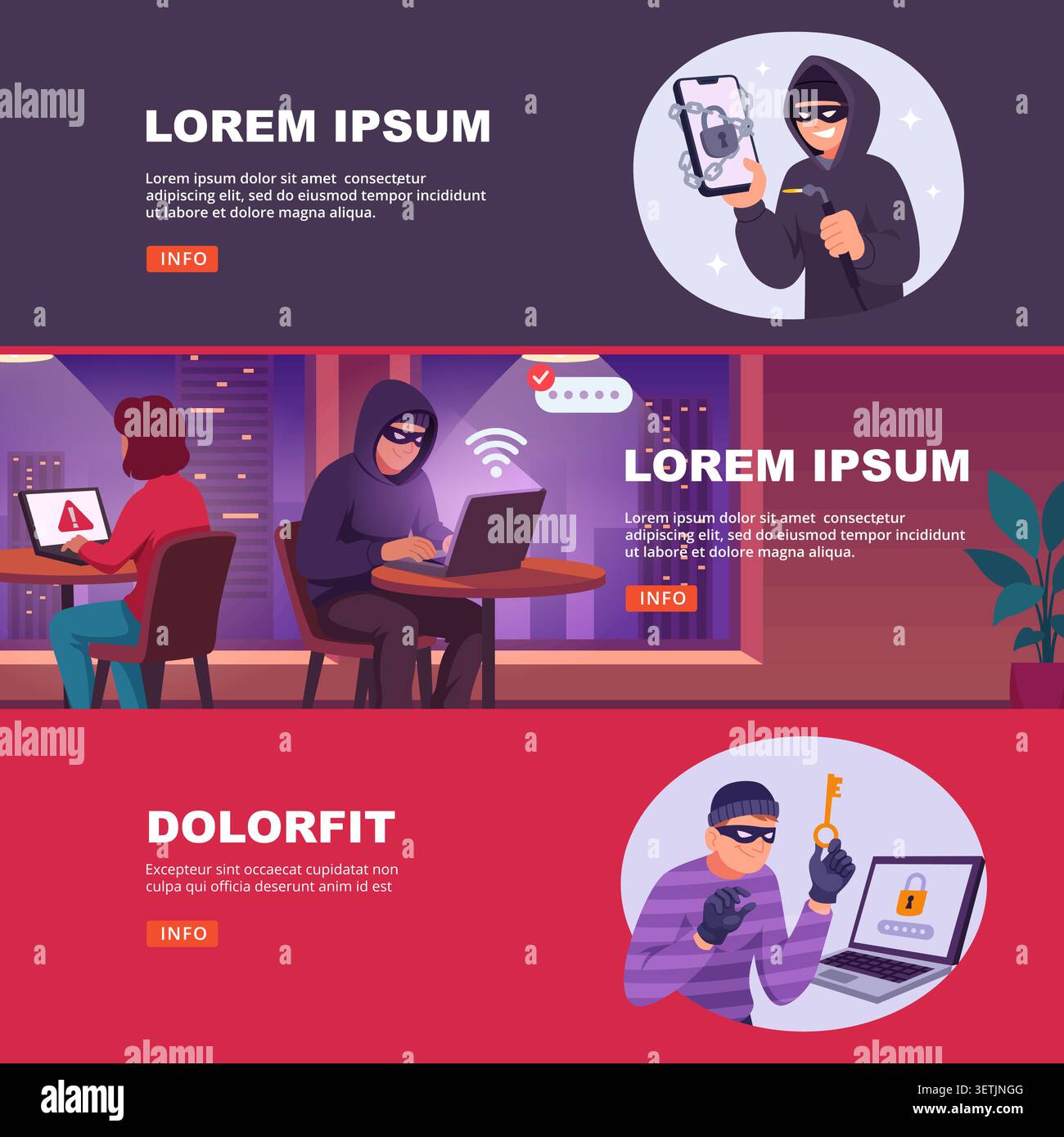 Cyber Security. Vector hacker scenes with locked smartphone laptop attacks data theft and online protection concepts Stock Vector