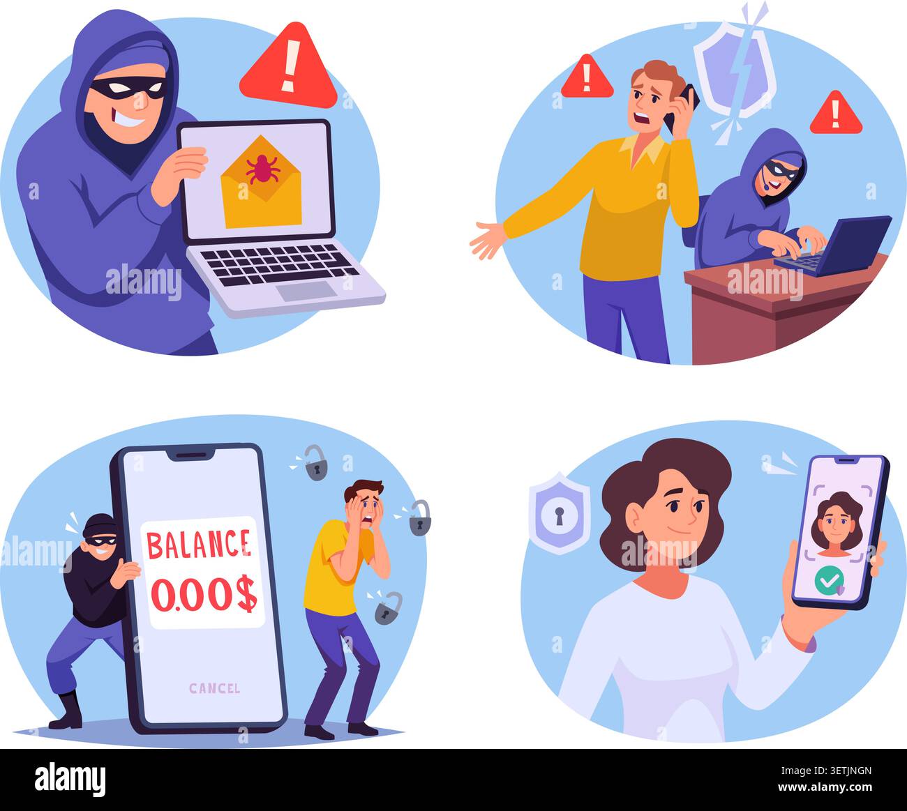 Cyber Security. Modern vector cybercrime scenes with hackers alerts mobile protection and digital safety concepts exact collection Stock Vector