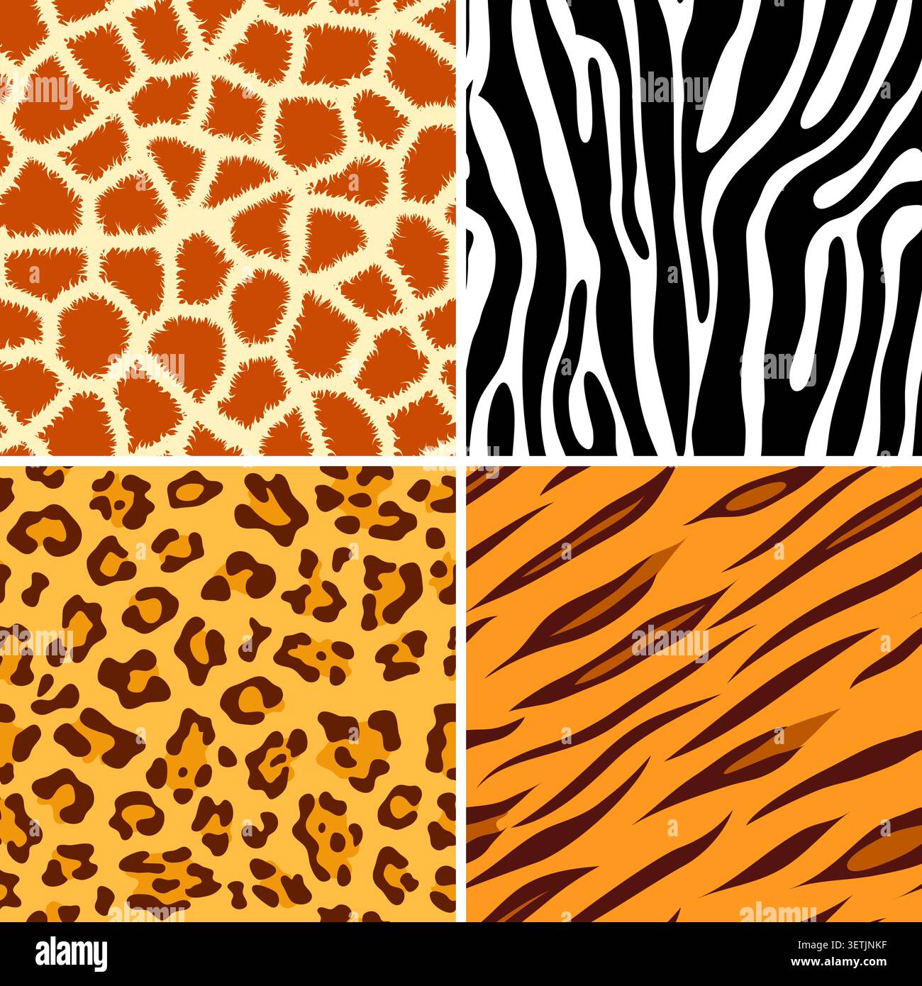 Four seamless tiling animal print giraffe, zebra, tiger and leopard, vector illustration Stock Vector