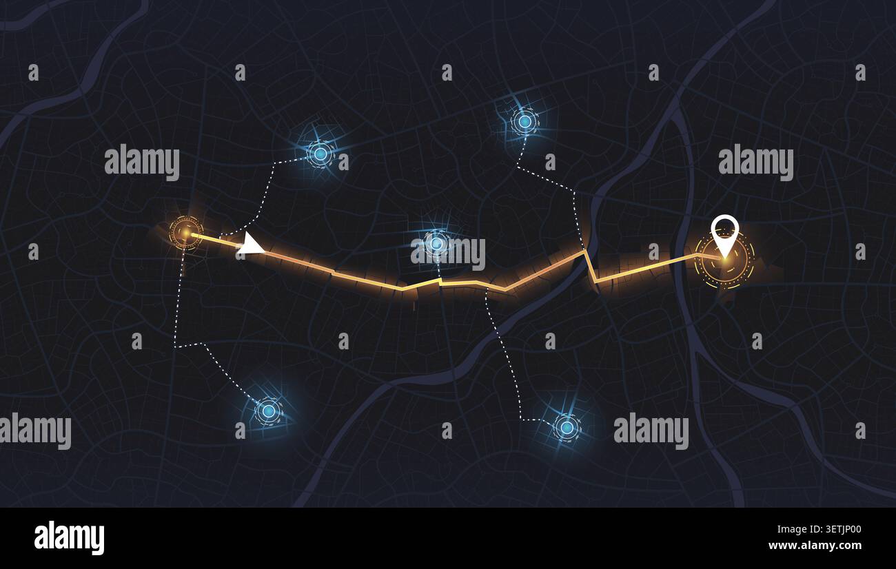 Futuristic city map with glowing orange navigation route and location markers. Vector illustration. Stock Vector