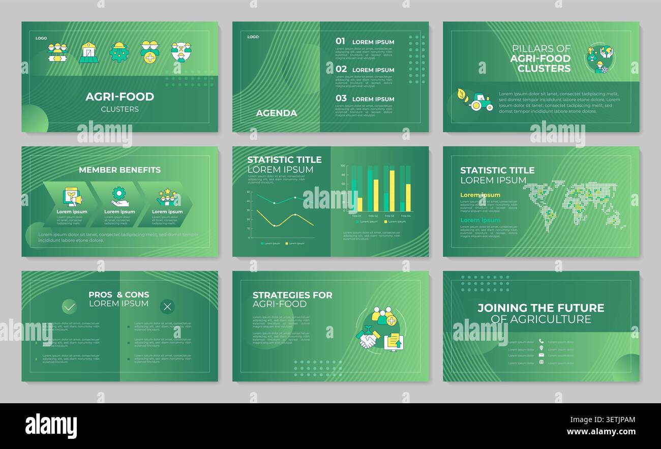 Modern agribusiness system presentation template set Stock Vector