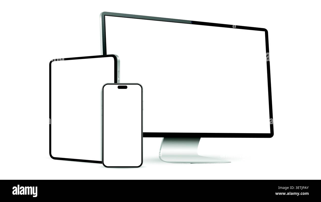 Desktop computer, tablet pc and mobile phone screen mockup. Digital device elements isolated on white background. Vector illustration. Stock Vector