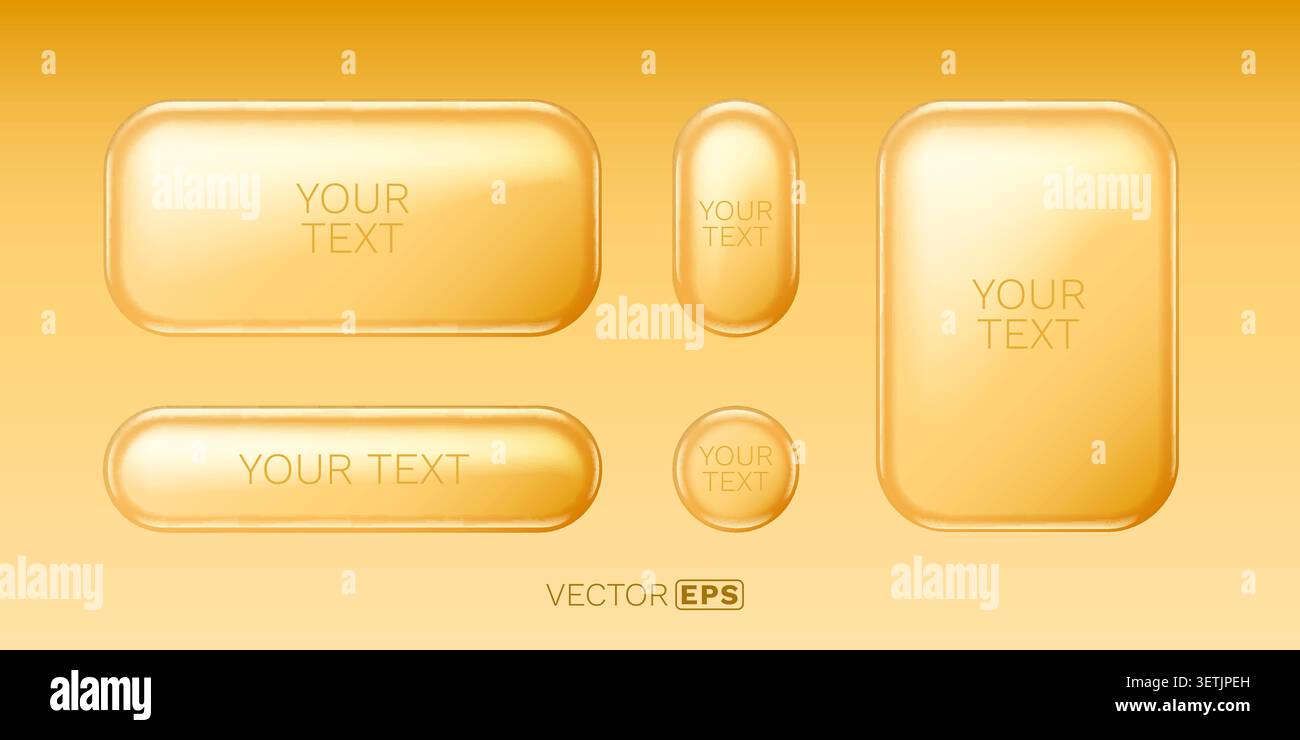 Shiny golden buttons and frames set. Glossy 3D UI elements with empty space for text. Vector illustration. Stock Vector