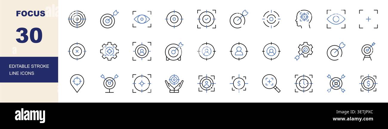 Focus, Target and Concentration Line Icons Set Editable Stroke Vector Illustration Stock Vector
