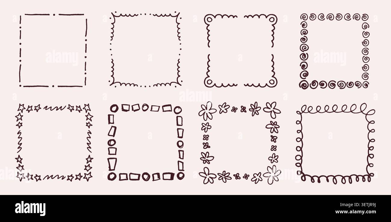 Hand drawn square frames collection. Black borders with doodle scribbles. Funny crayon frame vector set Stock Vector