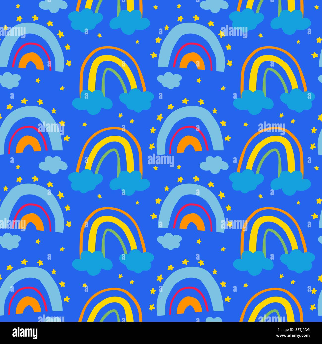 Cute childish style seamless pattern with rainbow on blue background Stock Vector