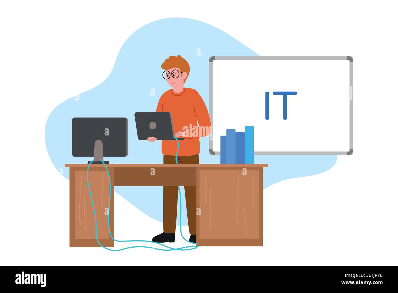 Young IT teacher with laptop and computer lecturing about technology. Vector illustration for coding, school, computer science Stock Vector