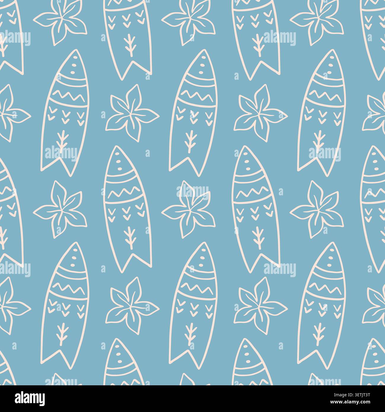 Blue boho vector seamless pattern with surfboards Stock Vector
