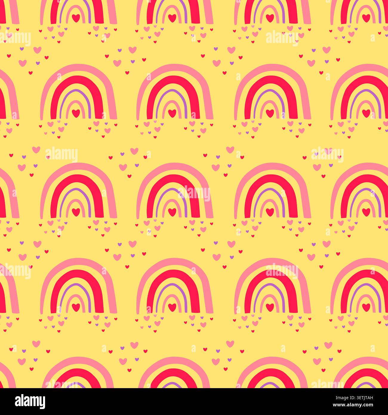Cute rainbows seamless pattern with hearts on yellow background Stock Vector