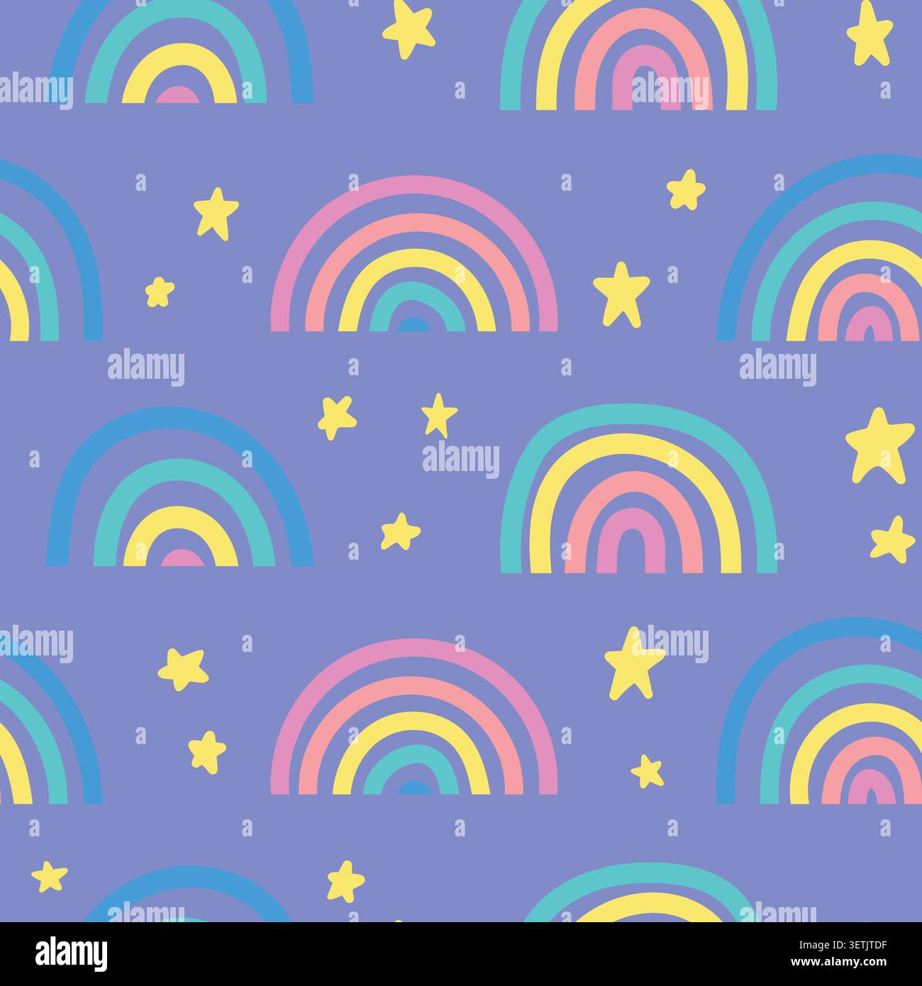 Cute childish style seamless pattern with rainbow on blue background Stock Vector