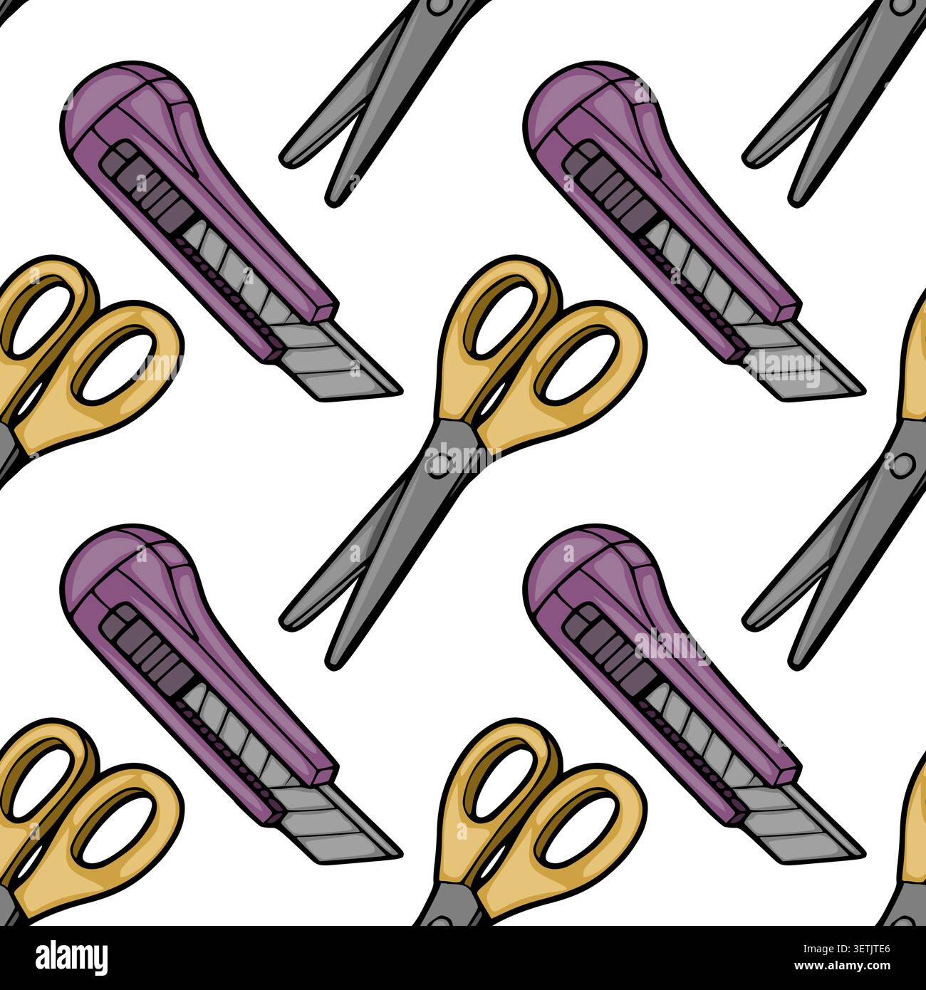 Seamless vector pattern of colorful scissors and utility knives, perfect for craft and design projects Stock Vector