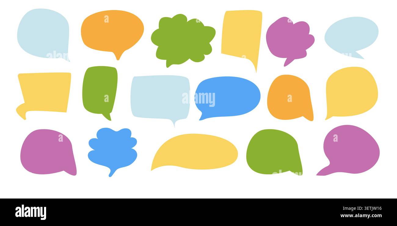 Colorful Speech bubbles in doodle style. Cloud textbox hand drawn set. Set of blue text comment box. Stock Vector