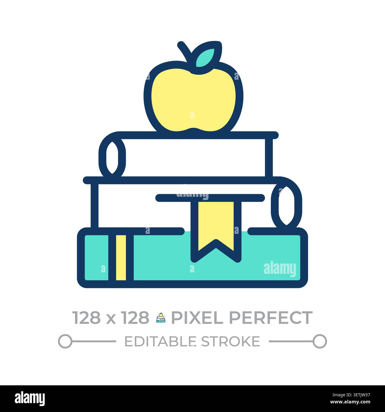 Apple on book stack pixel perfect line color icon Stock Vector