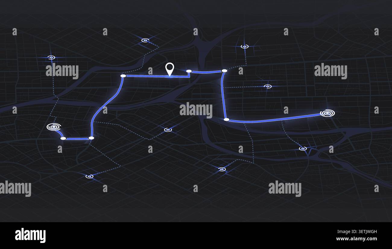 Set of dark city map navigation screens featuring glowing blue green and orange paths with location markers for gps tracking apps. Vector illustration Stock Vector