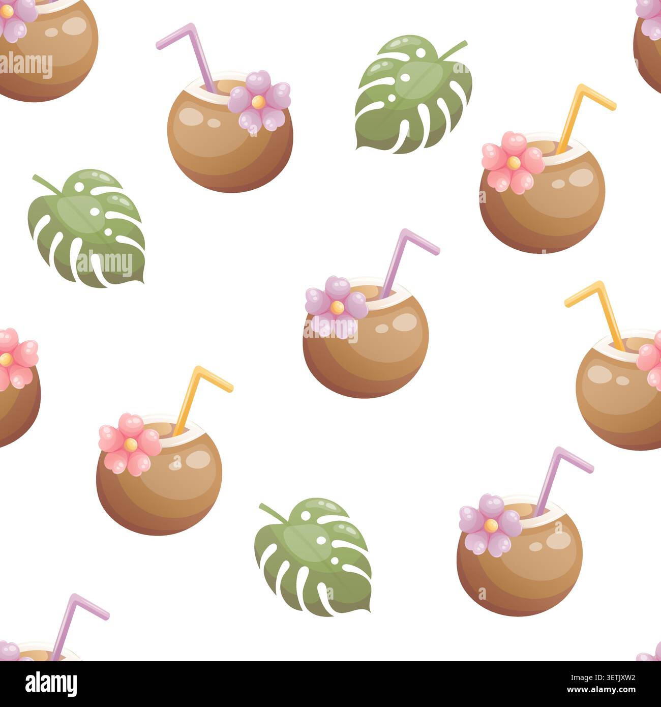 Seamless pattern with coconut drink and tropical leaves Stock Vector