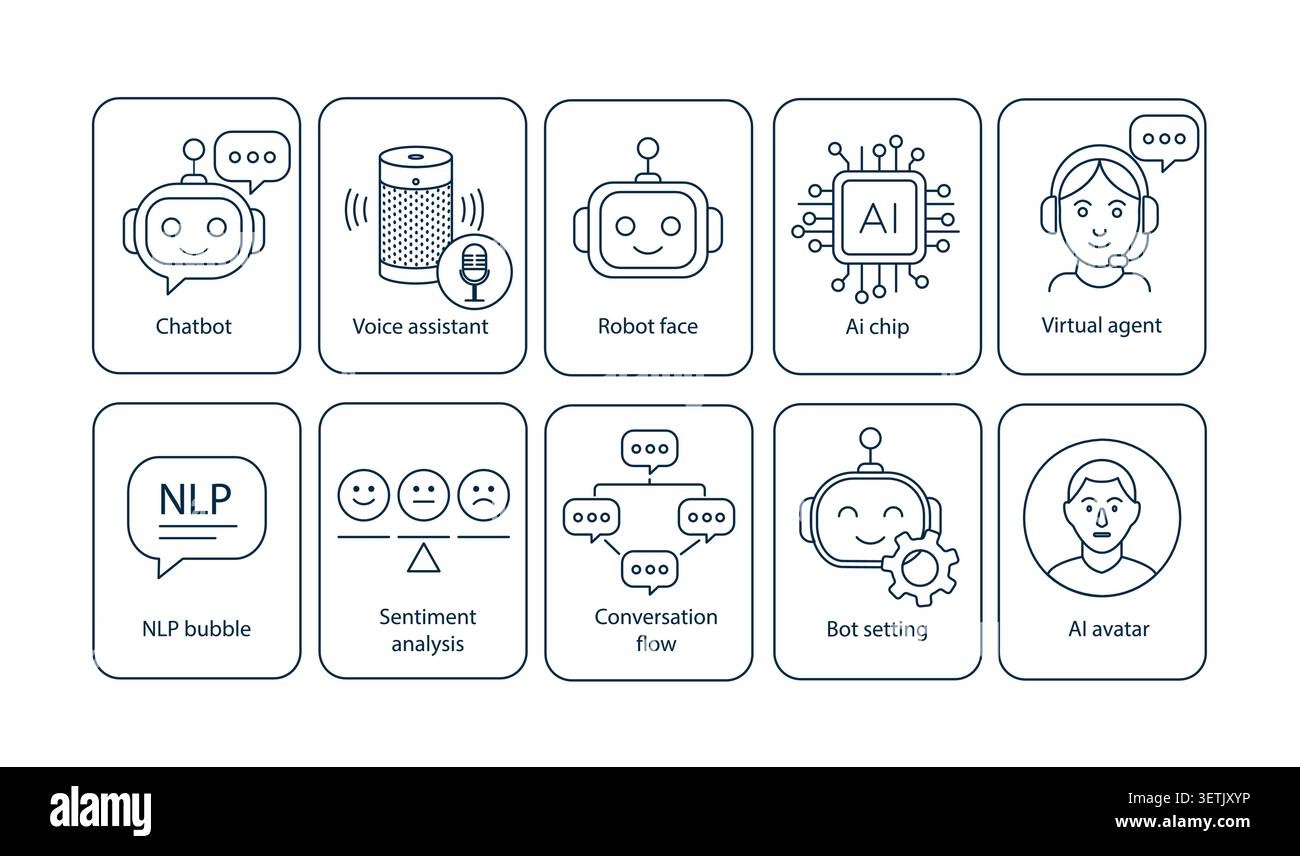 Virtual agents, natural language processing, sentiment analysis, machine learning bots, and customer support automation symbols. Stock Vector