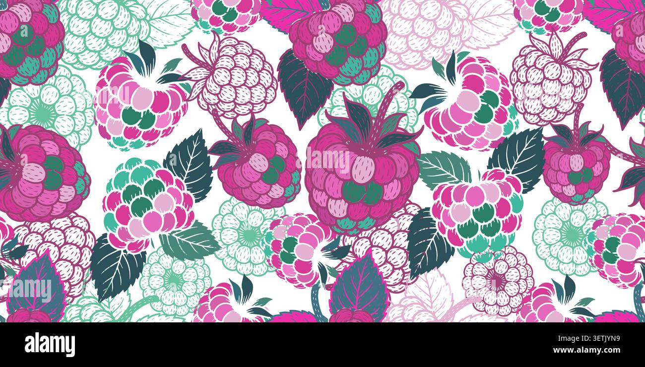 Raspberry abstraction seamless pattern . Hand drawn. Not AI, vector illustration. Stock Vector