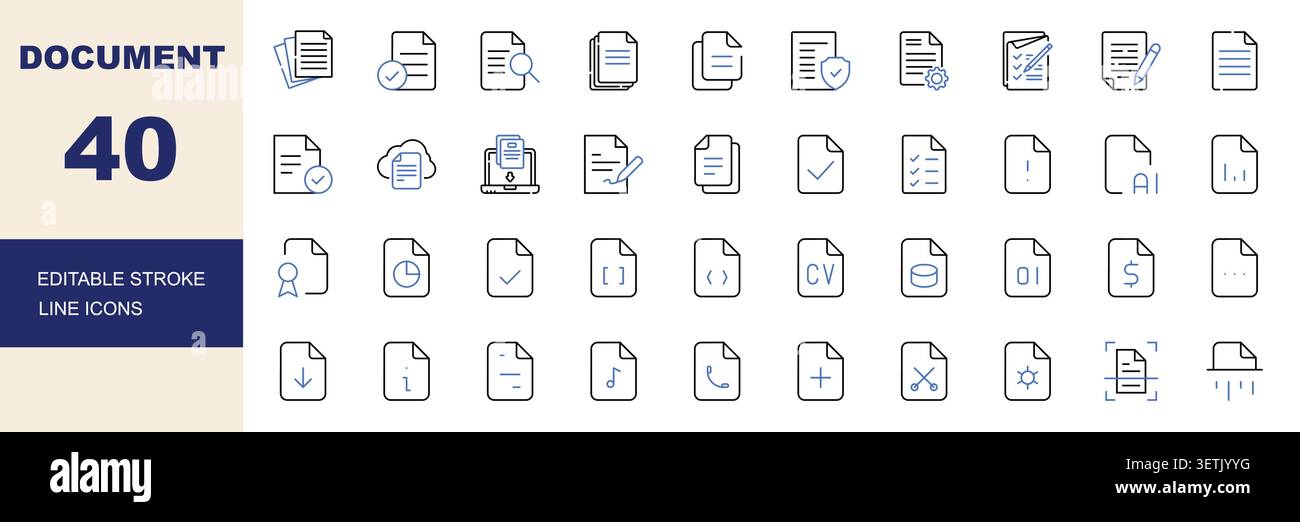 Document Management, File Formats and Digital Documents Line Icons Set Editable Stroke Vector Illustration Stock Vector