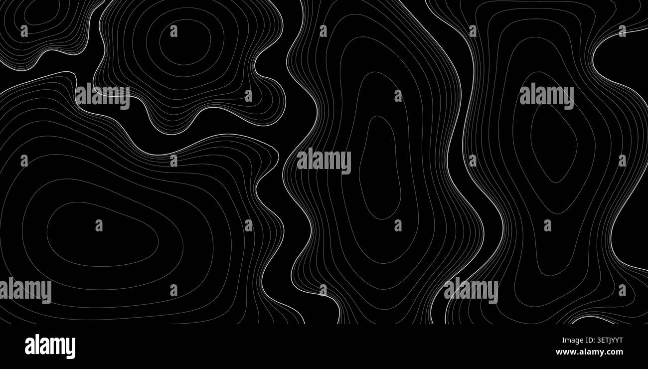 Abstract topographic map background with white contour lines on a dark grey surface, representing terrain elevation or data visualization patterns Stock Vector