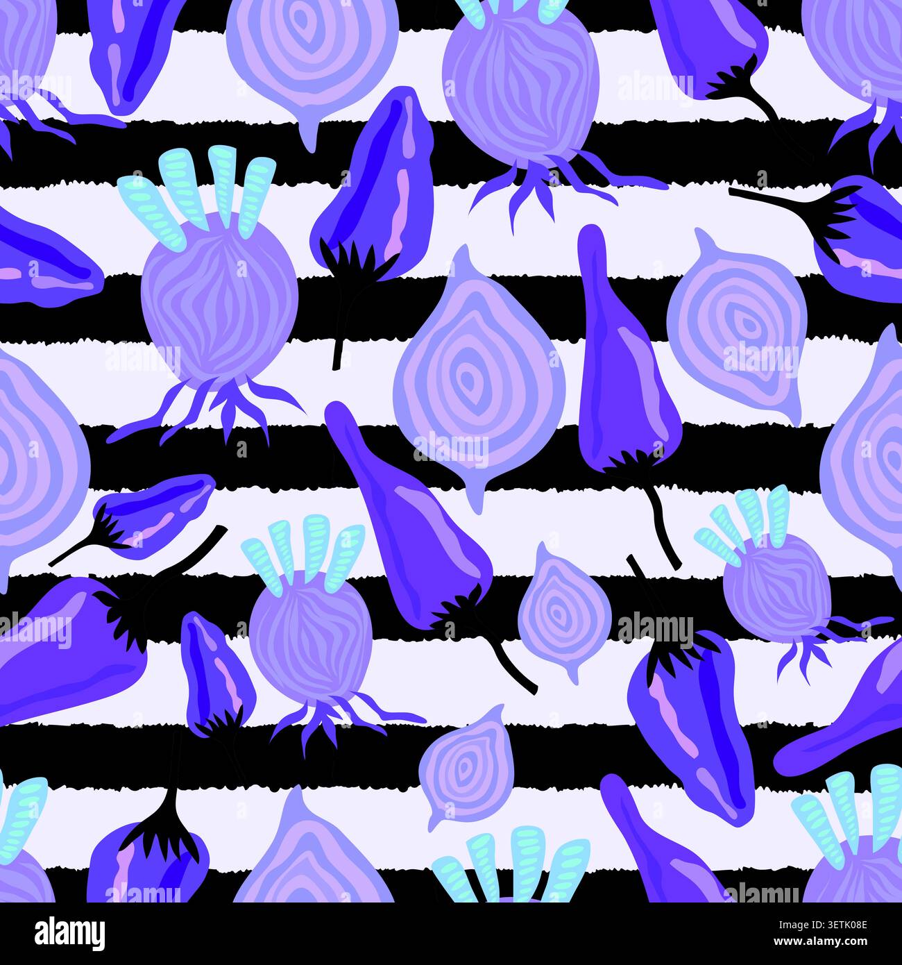 This is a vibrant and modern seamless pattern featuring an artistic take on kitchen staples. Stock Vector