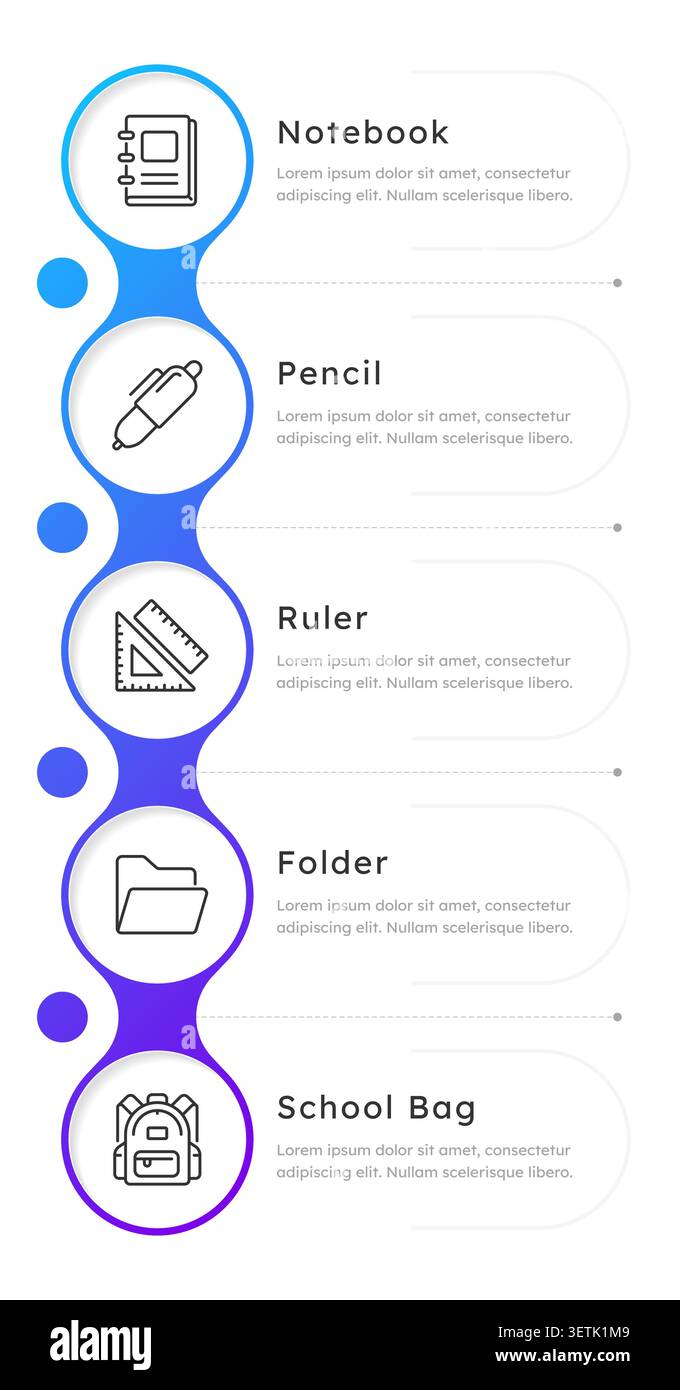 Essential school supplies vertical infographic 5 steps Stock Vector