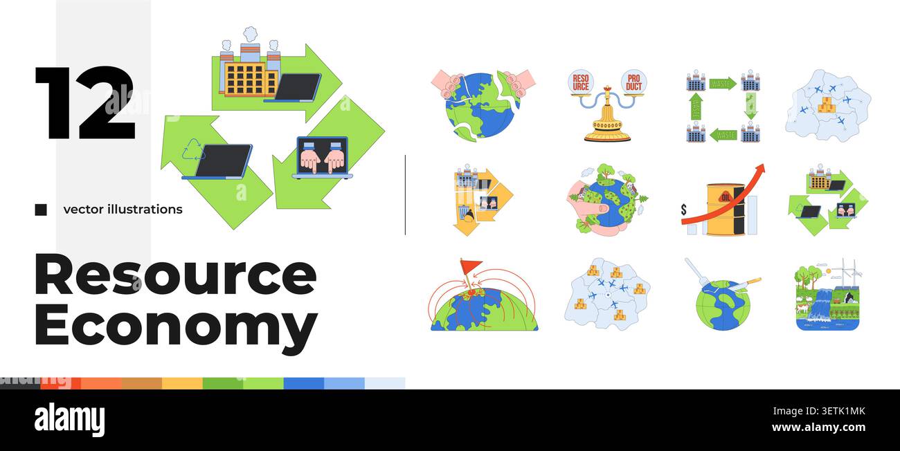 Resource economy 2D illustration concept set Stock Vector