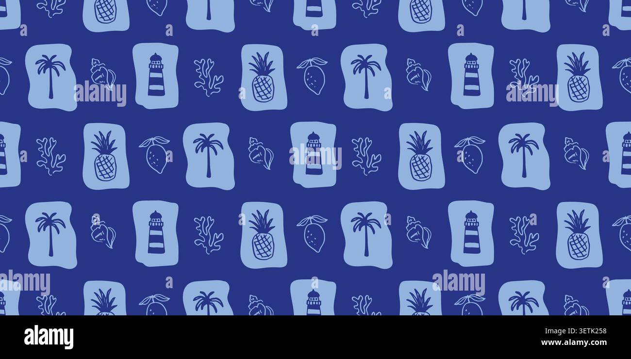 Blue coastal seamless pattern tropical palm tree Stock Vector
