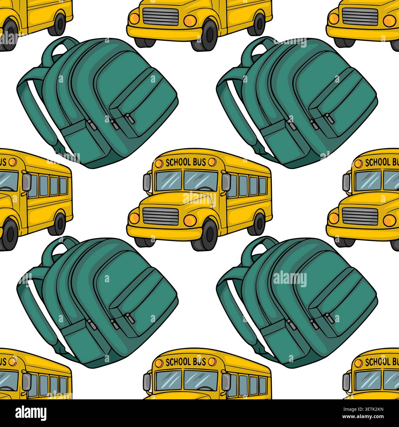 Seamless vector pattern of yellow school buses and green backpacks for education themes Stock Vector