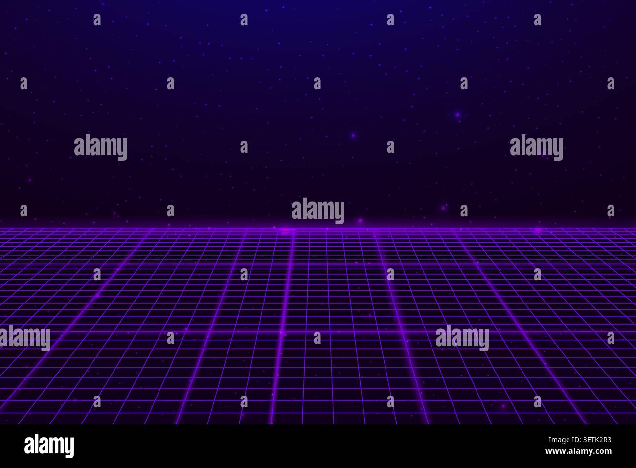 Futuristic perspective grid floor with neon wireframe lines bg. Digital 3D space, abstract square pattern, retro technology glowing network grid Stock Vector